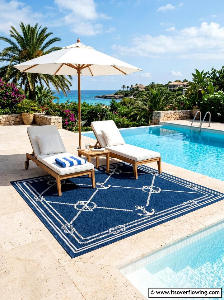 Navy blue rug for poolside - 25 garden decor ideas with outdoor rugs