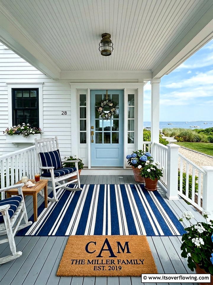 Navy striped rug with monogrammed mat - 25 front porch decor ideas with layered mats