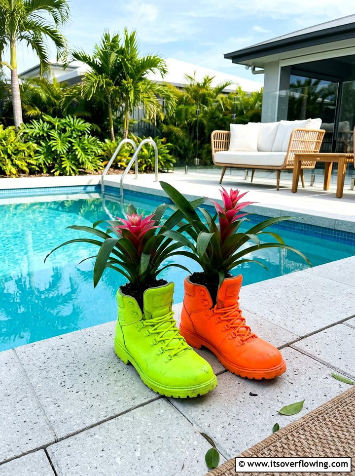 Neon Boot Tropical Plant Holder - 25 upcycled garden ideas with old boots