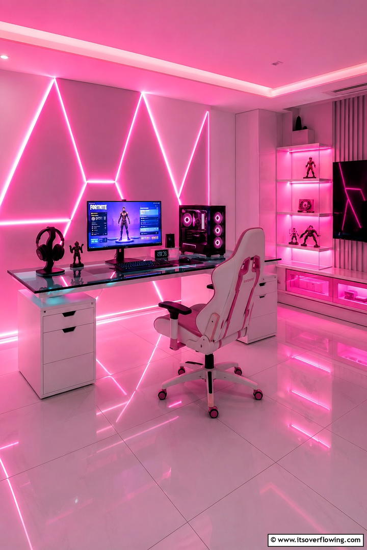 Neon Infused Pink Gaming Setup - 30 Pink Gaming Setup Ideas for a Vibrant Play Space