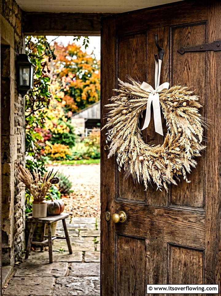 Neutral Grass Wreath - 25 front porch ideas with seasonal wreaths