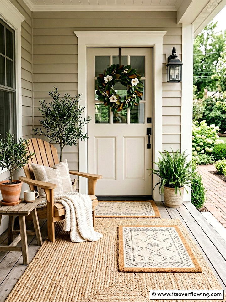 Neutral Layered Porch Rugs - 25 front porch decor ideas with magnolia wreath