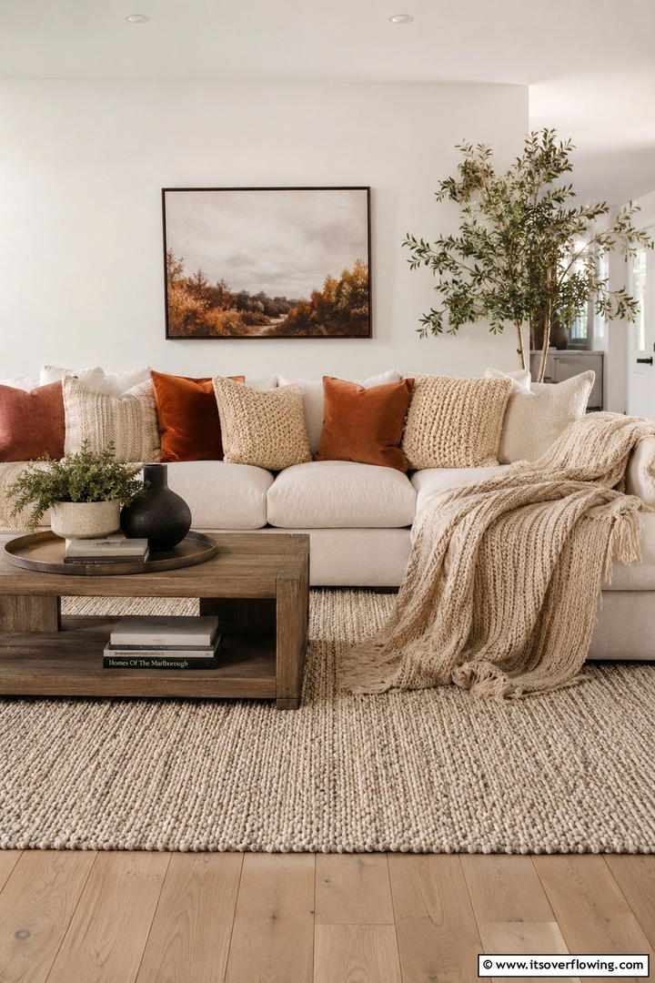 Neutral Living Room Textile Layers - 50 Fall Decor Ideas for A Cozy Seasonal Refresh at Home