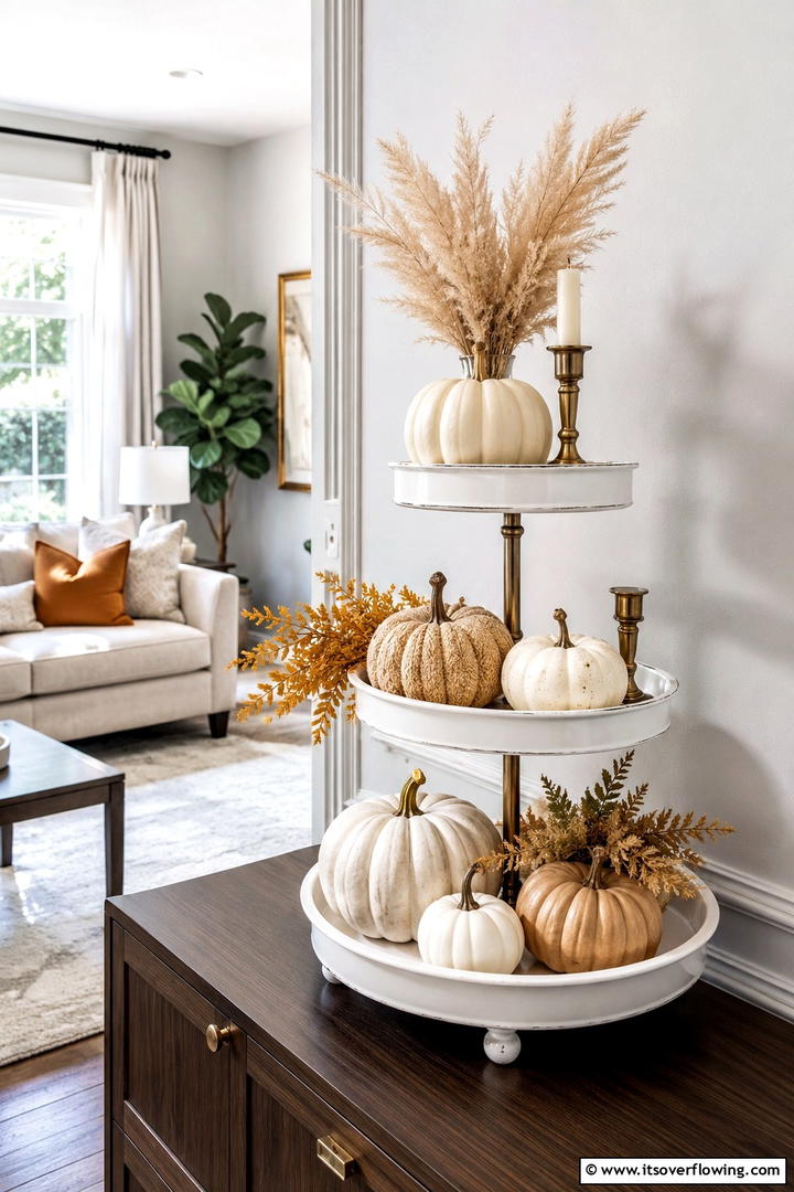 Neutral Modern Fall Aesthetic - 50 Fall Tiered Tray Decor Ideas for Festive Shelves