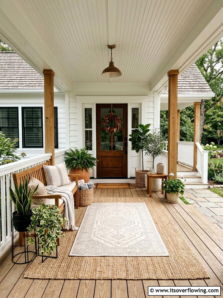 Neutral Porch Layered Rugs - 25 front porch ideas with neutral decor