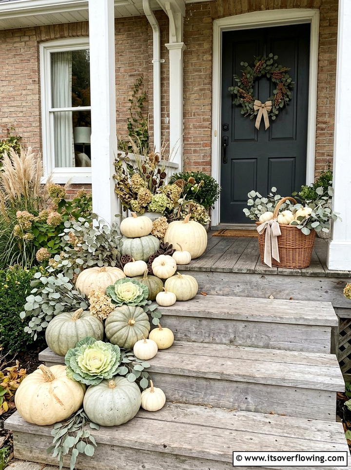 Neutral Pumpkin Display - 25 front porch decor ideas for fall