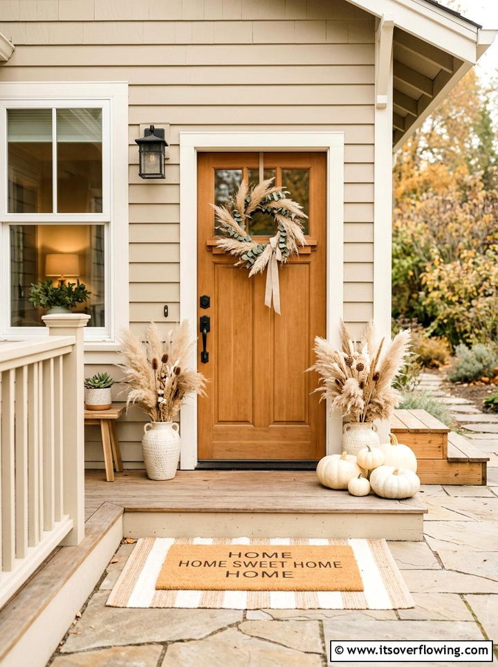 Neutral fall porch aesthetic - 25 front porch ideas with holiday doormat