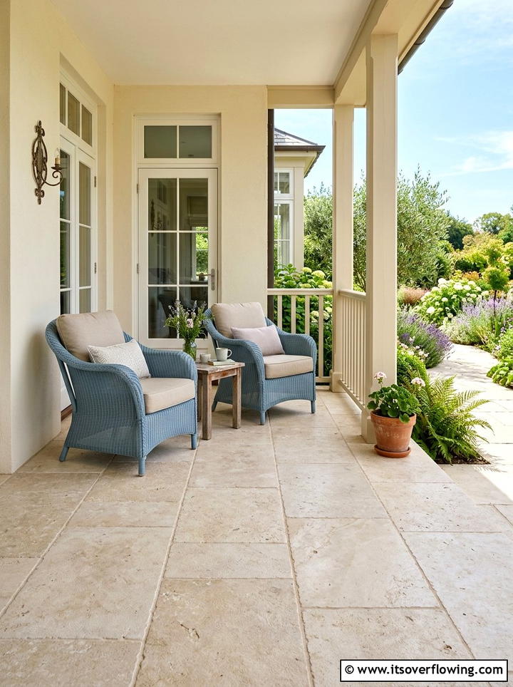 Neutral limestone tile porch - 25 front porch ideas with tile floor