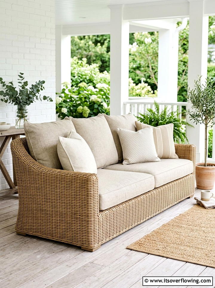 Neutral rattan cushions - 25 front porch ideas with rattan furniture