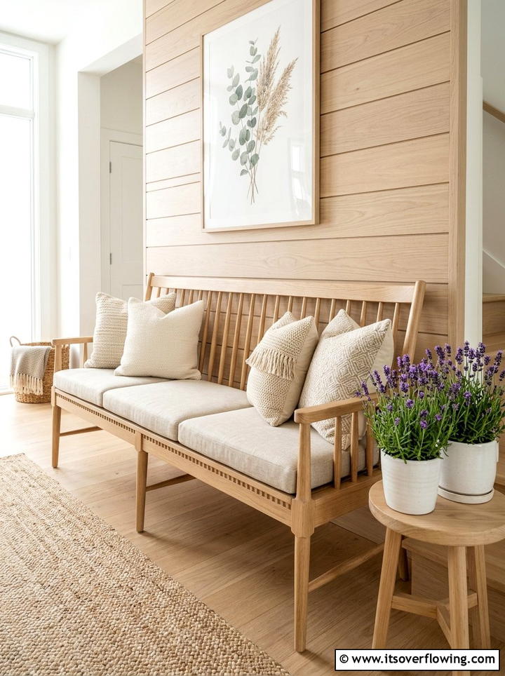 Neutral wooden bench - 25 front porch decor ideas with cushions