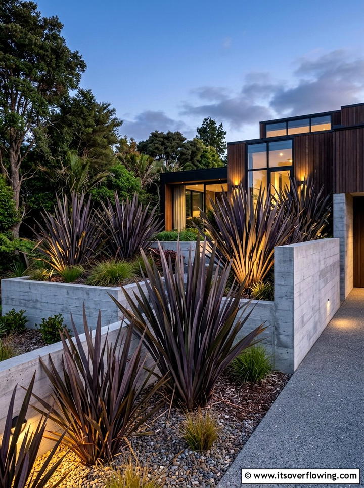 New Zealand flax architectural garden - 25 backyard ideas with ornamental grasses