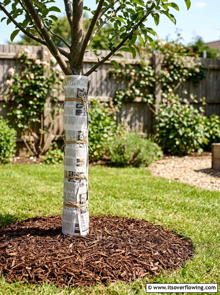 Newspaper Tree Trunk Wrap - 25 recycled garden ideas with old newspapers
