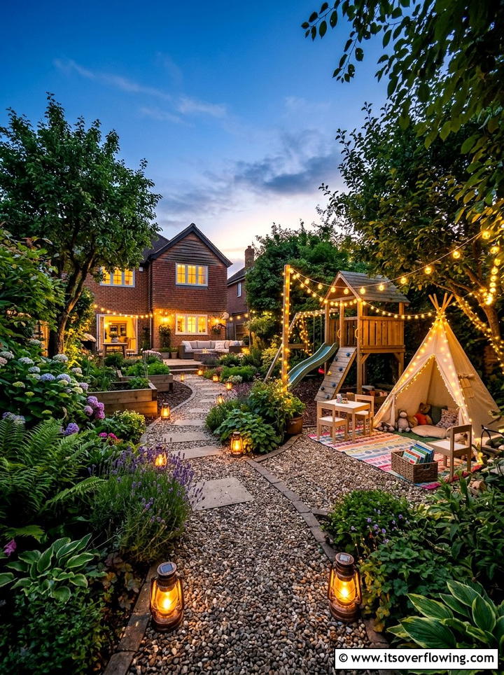 Night Garden With Fairy Lights - 25 small garden ideas with kids corner