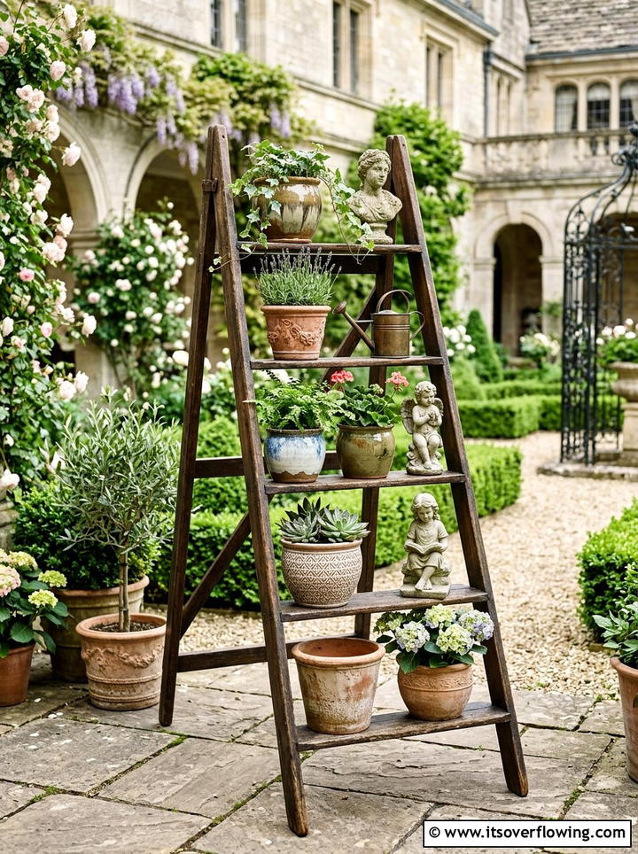 Nighttime garden light ladder - 25 upcycled garden ideas with ladder shelves