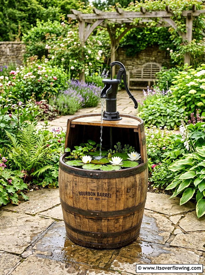 Oak Barrel Fountain - 25 garden ideas for rustic style