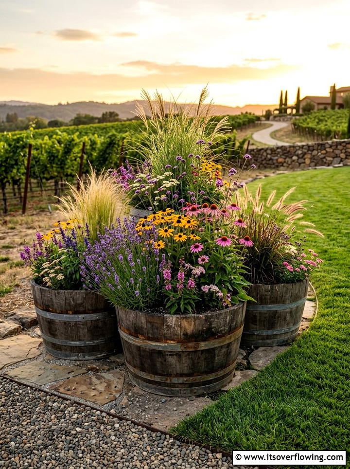 Oak Barrel Garden Planters - 25 garden decor ideas with container groupings