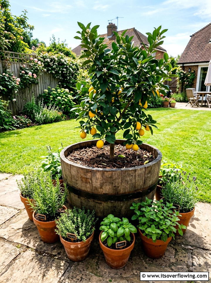 Oak barrel planter - 25 cheap garden ideas with thrifted decor