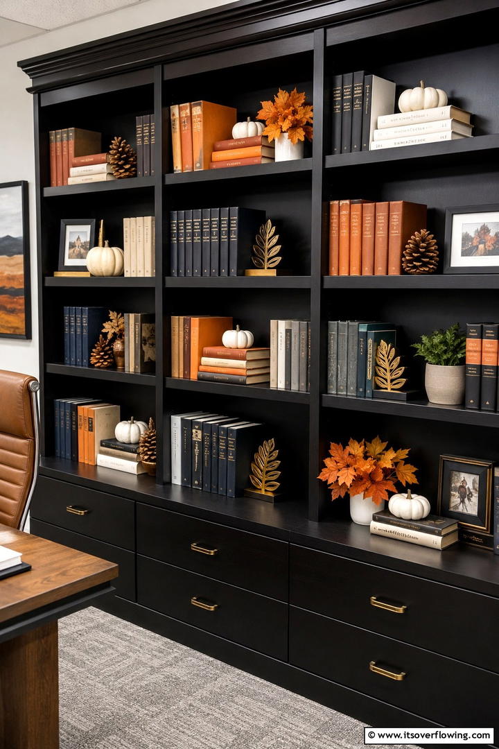 Office Bookshelf Autumn Styling - 50 Fall Office Decor Ideas for A Sleek, Calm Workspace