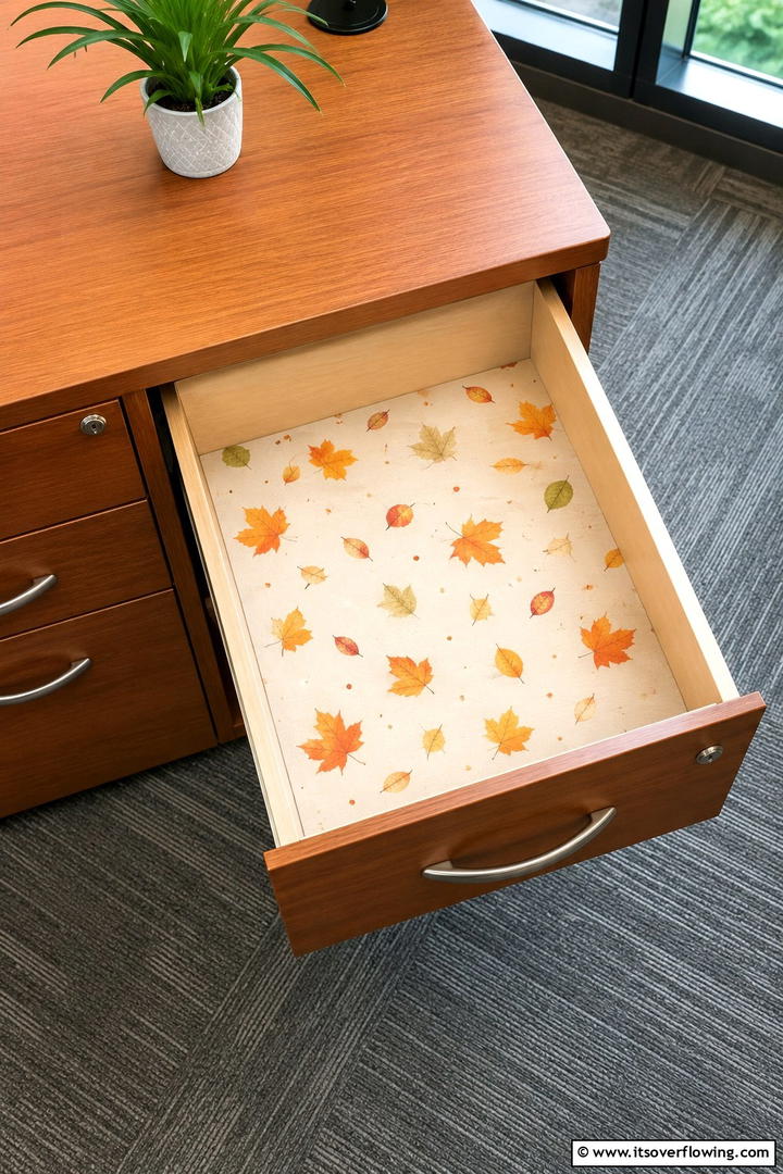 Office Desk Drawer Seasonal Liners - 50 Fall Office Decor Ideas for A Sleek, Calm Workspace