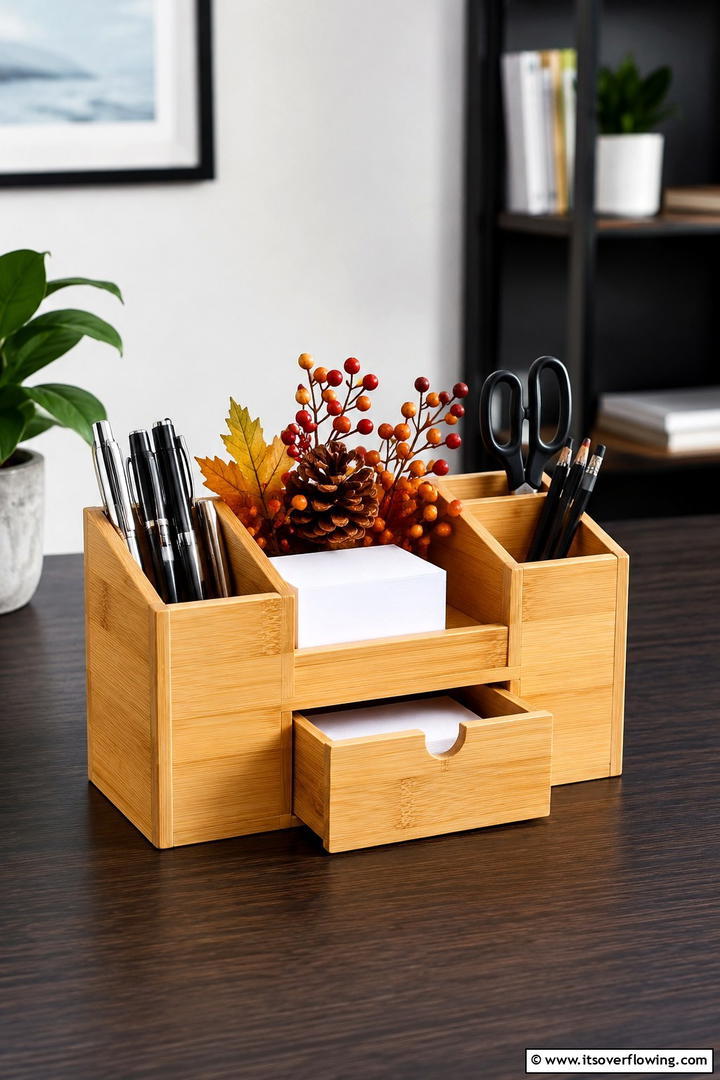 Office Desk Organizer with Natural Elements - 50 Fall Office Decor Ideas for A Sleek, Calm Workspace