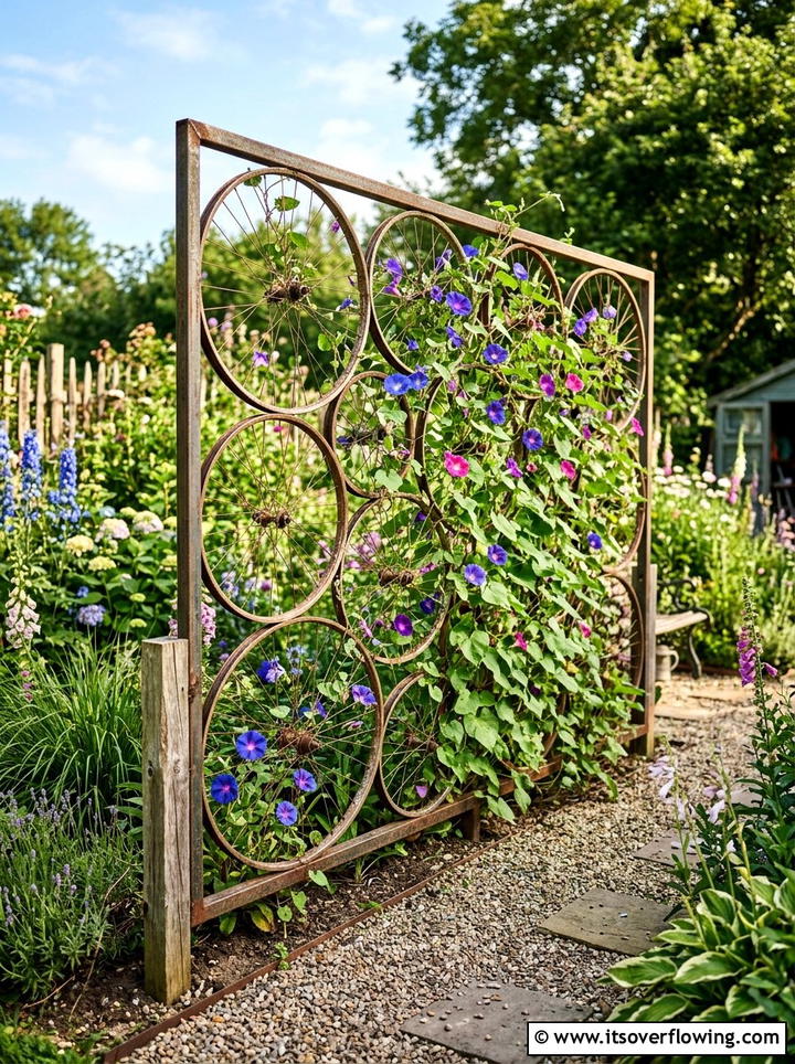 Old Bicycle Wheel Screen - 25 upcycled garden ideas with privacy screens