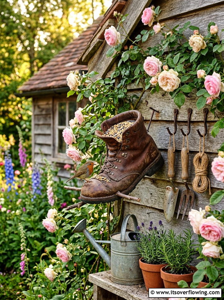 Old Boot Bird Feeder - 25 upcycled garden ideas with bird feeders