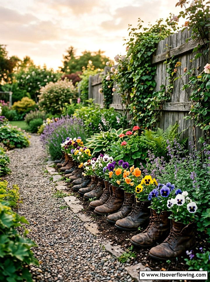 Old Boot Border - 25 upcycled garden ideas with pathway markers