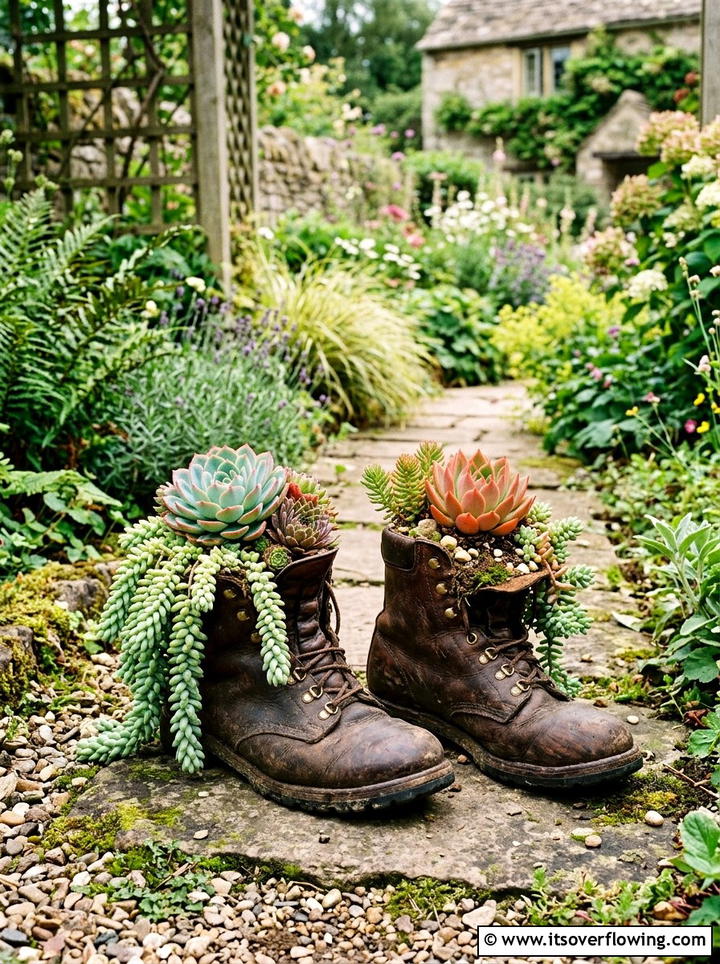 Old Boot Garden Display - 25 upcycled garden ideas with succulent planters