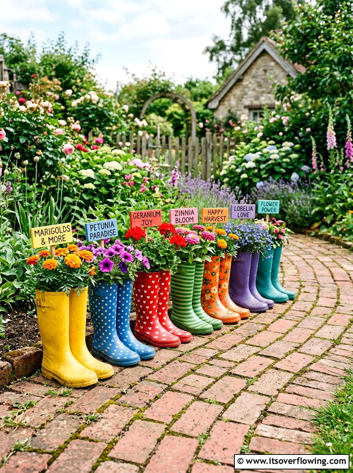Old Boot Garden - 25 upcycled garden ideas with garden signs