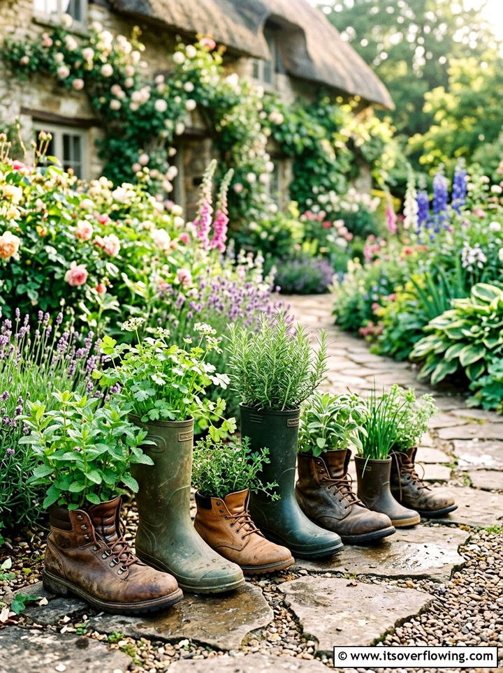 Old Boot Herb Garden - 25 reusing old things ideas for herb garden