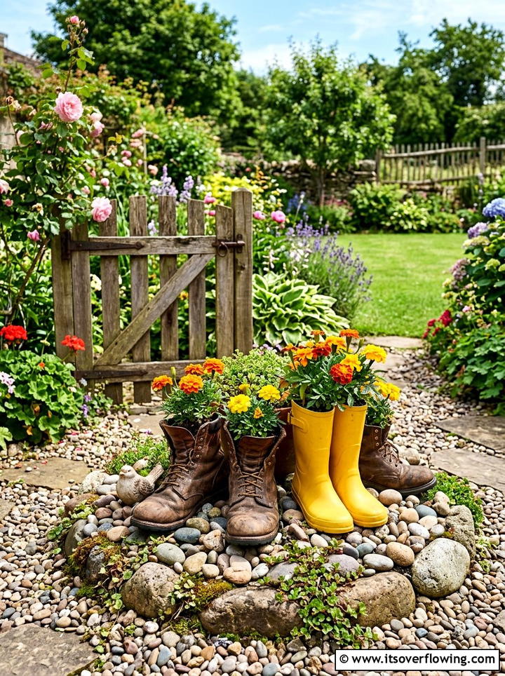 Old Boot Planter - 25 recycled garden ideas with pebbles