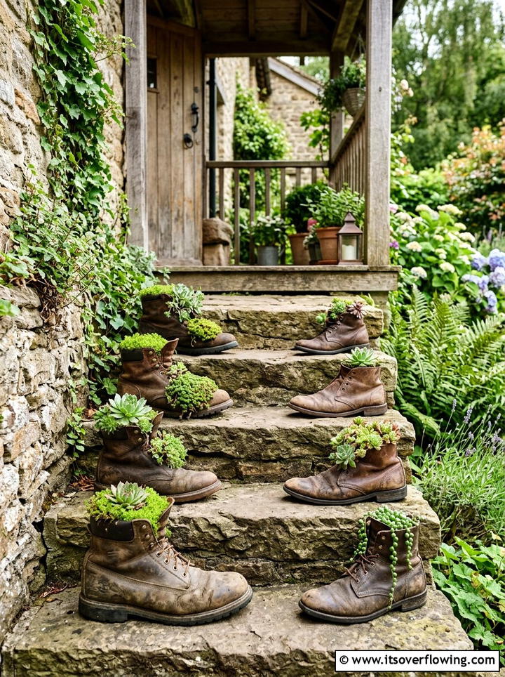 Old Boot Planter Collection - 25 reusing old things ideas for farmhouse garden look