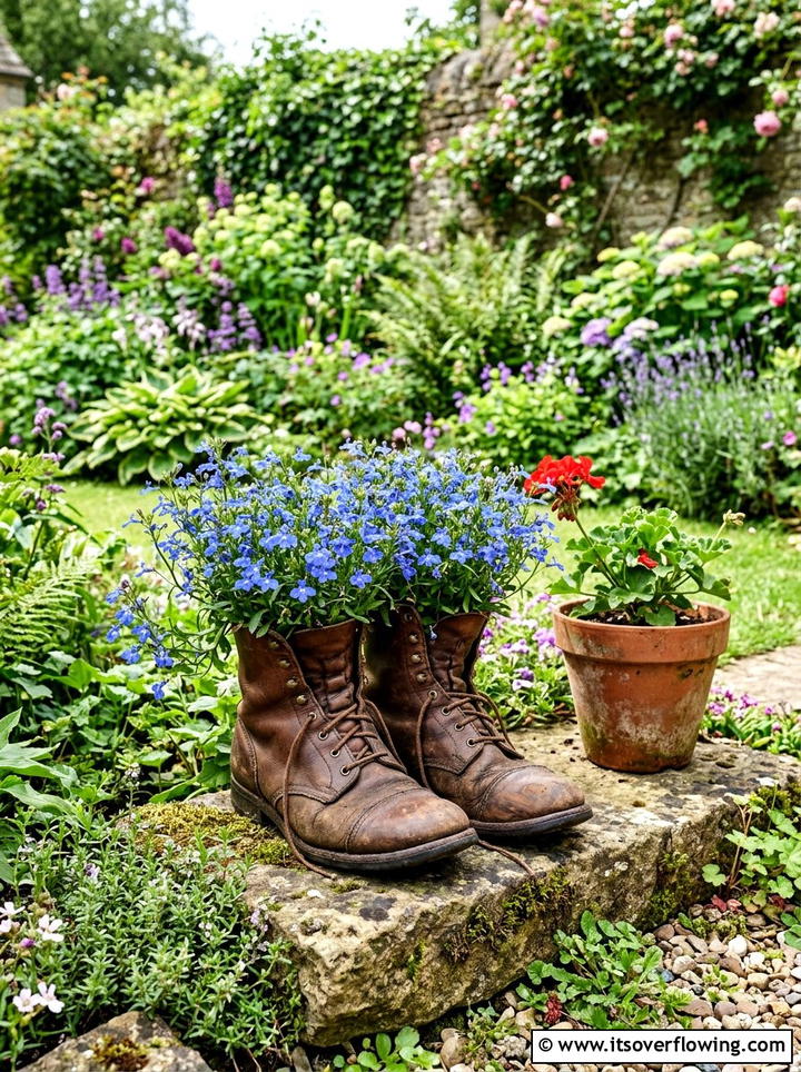 Old Boot Planter - 25 garden decor ideas with vintage pieces