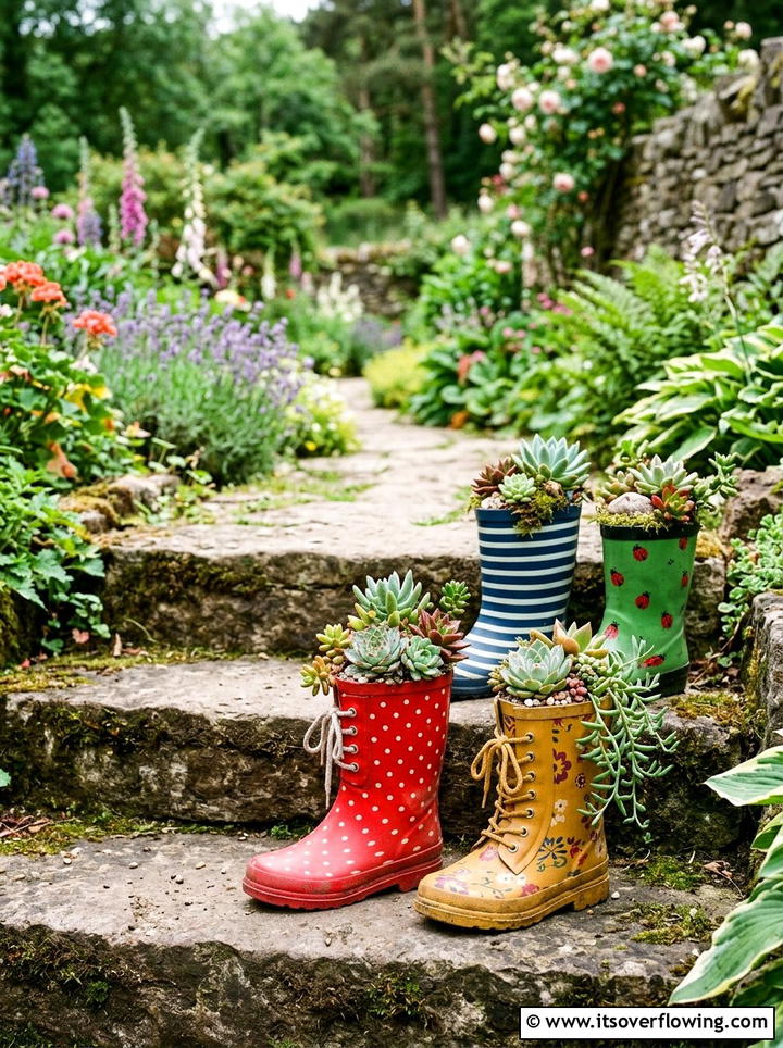 Old Boot Succulent Display - 25 cheap garden ideas with simple planters
