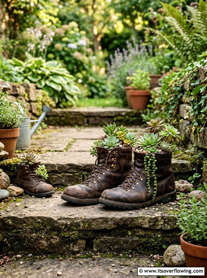 Old Boot Succulent Planter - 25 upcycled garden ideas for patios