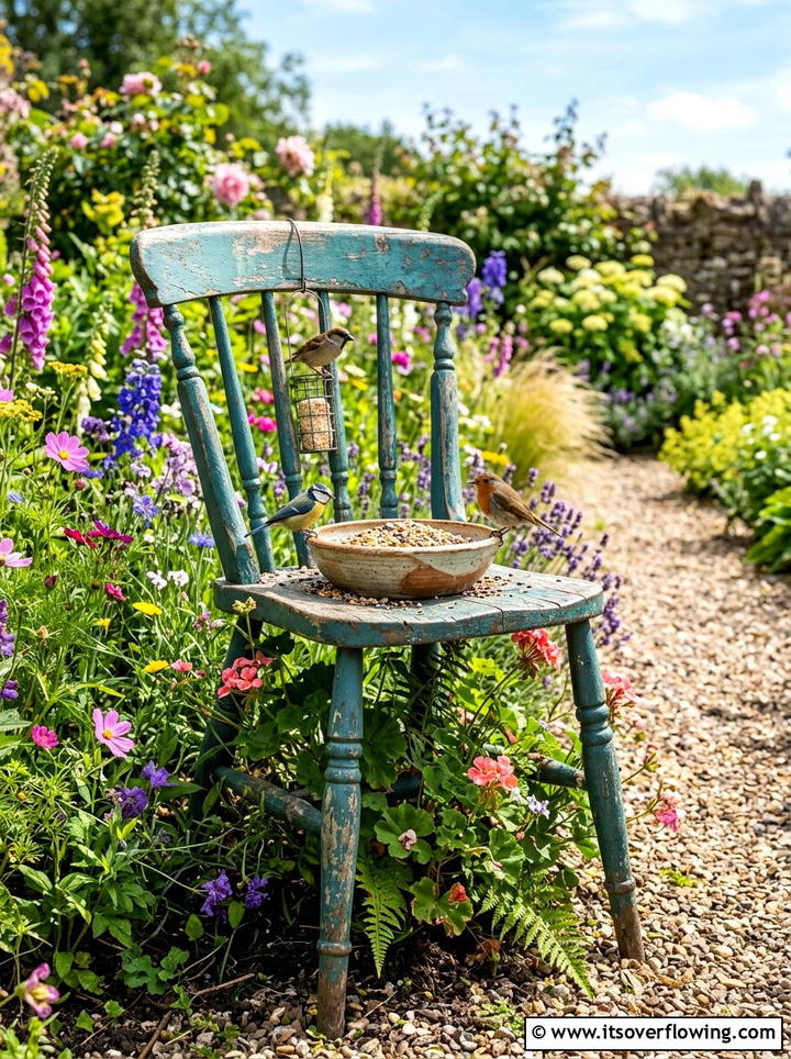 Old Chair Garden Bird Feeder - 25 upcycled garden ideas with bird feeders