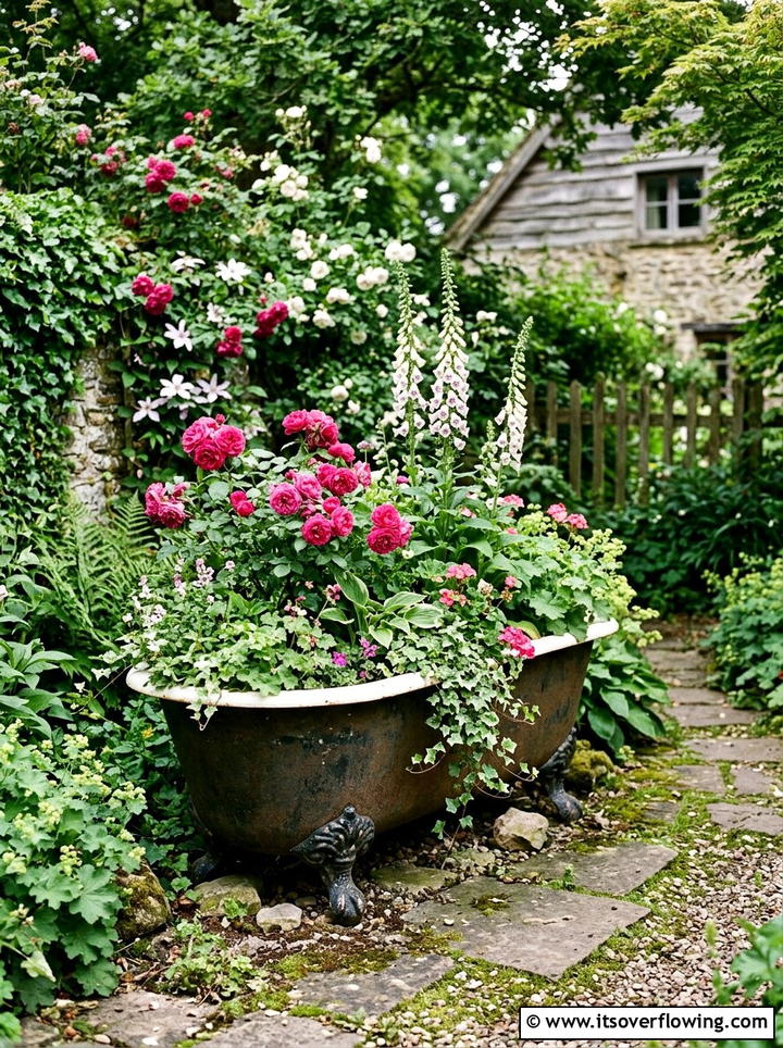 Old Clawfoot Bathtub Garden - 25 reusing old things ideas for farmhouse garden look