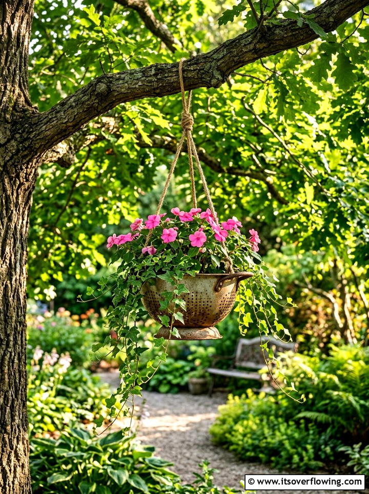 Old Colander Hanging Basket - 25 upcycled garden ideas for shaded spaces
