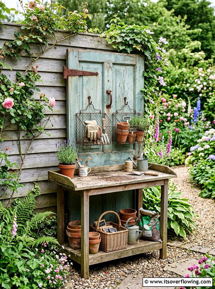 Old Door Potting Bench - 25 upcycled garden ideas with potting benches