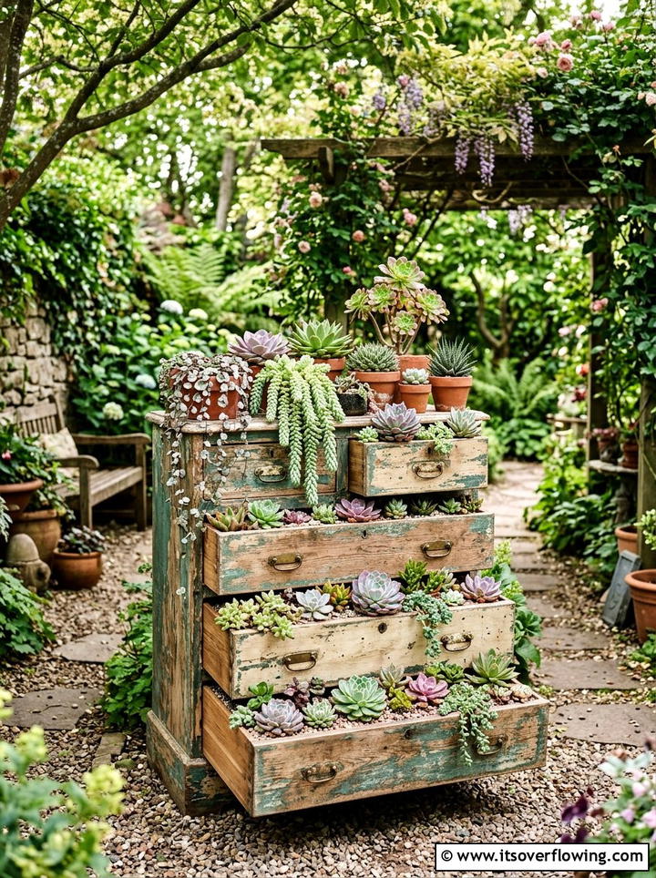 Old Dresser Succulent Display - 25 recycled garden ideas for community spaces