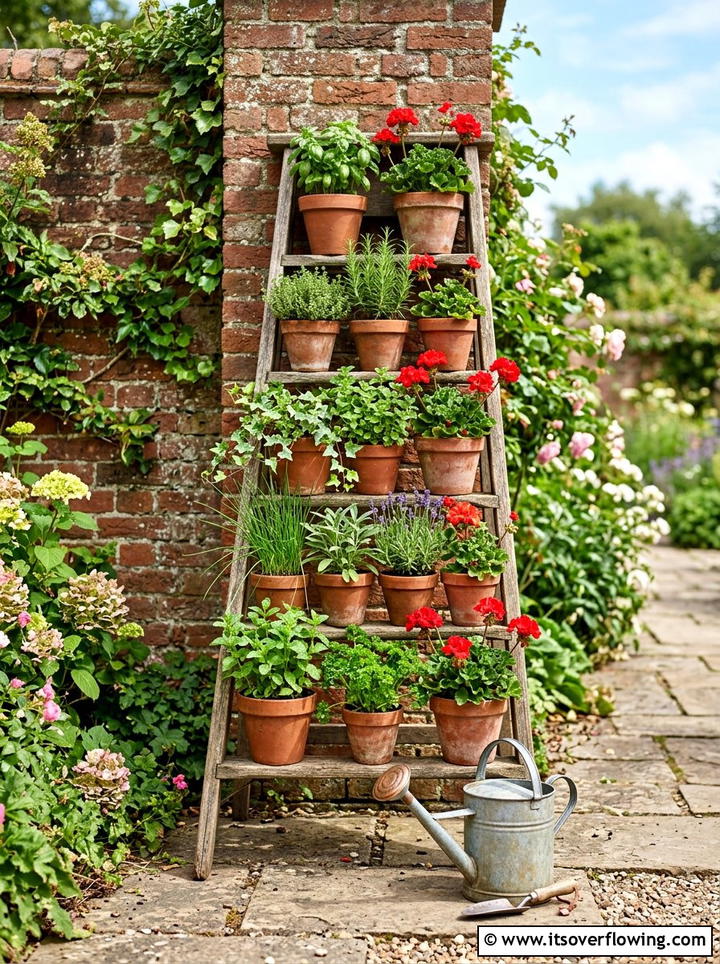 Old Ladder Garden Display - 25 backyard ideas with upcycled decor