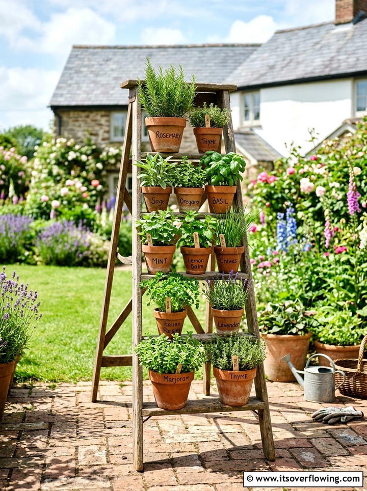 Old Ladder Herb Stand - 25 upcycled garden ideas with herb planters
