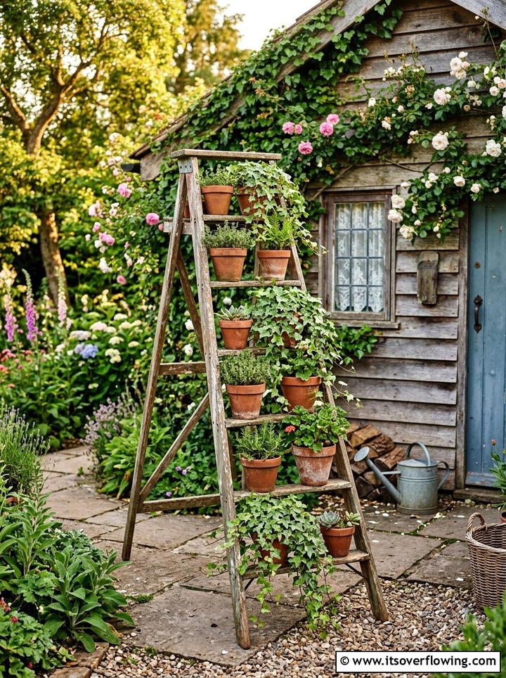 Old Ladder Plant Stand - 25 recycled garden ideas with pallet wall garden
