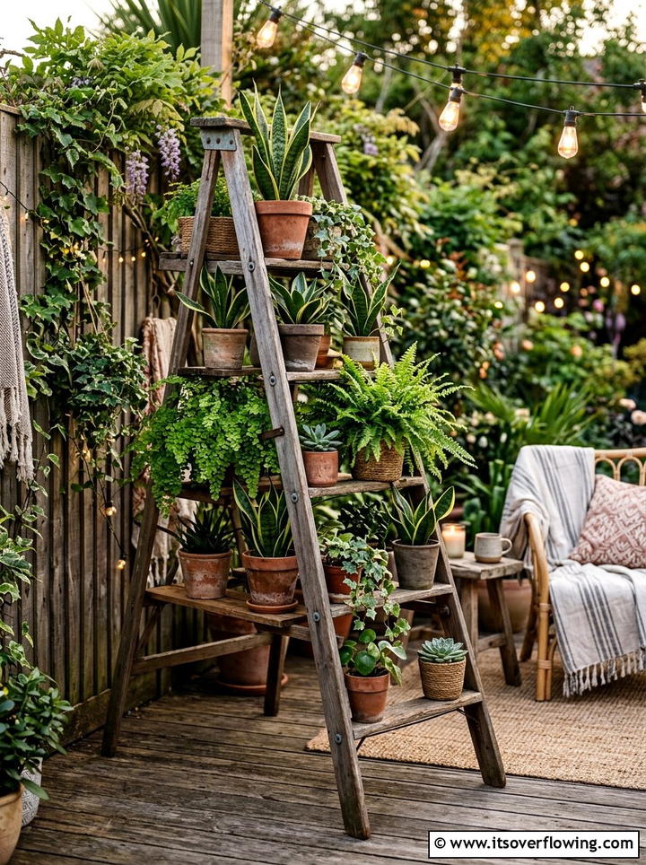 Old Ladder Plant Stand - 25 reusing old things ideas for privacy screens
