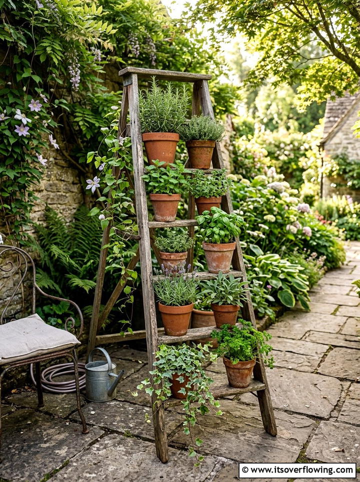 Old Ladder Plant Stand - 25 upcycled garden ideas for backyards
