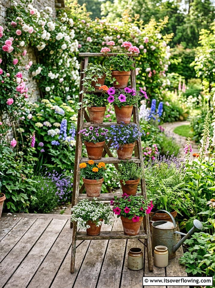 Old Ladder Plant Stand - 25 upcycled garden ideas for patios