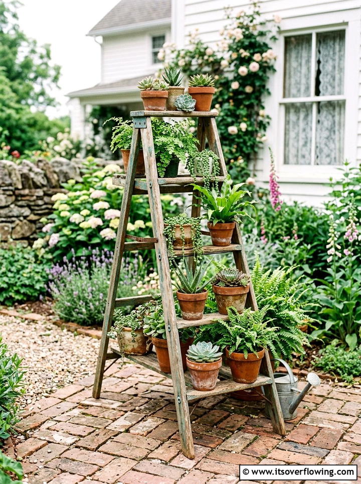 Old Ladder Plant Stand - 25 garden decor ideas with farmhouse accents