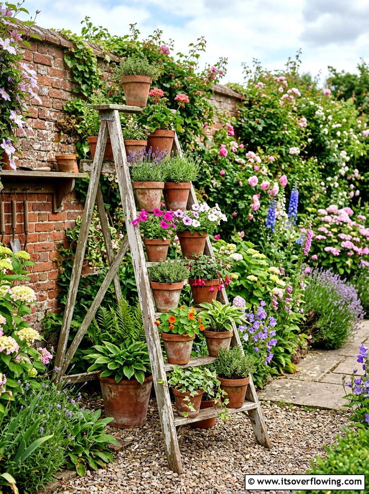 Old Ladder Plant Stand - 25 recycled garden ideas for front yard decor