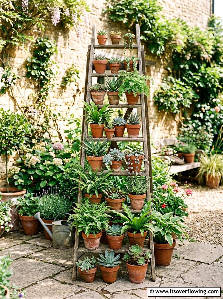 Old Ladder Plant Stand - 25 recycled garden ideas for small spaces