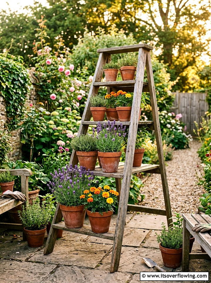 Old Ladder Plant Stand Tutorial - 25 upcycled garden ideas for small gardens